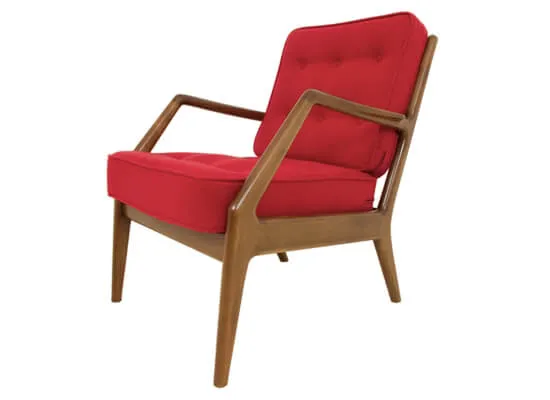 A teak-framed armchair with a red seat and back